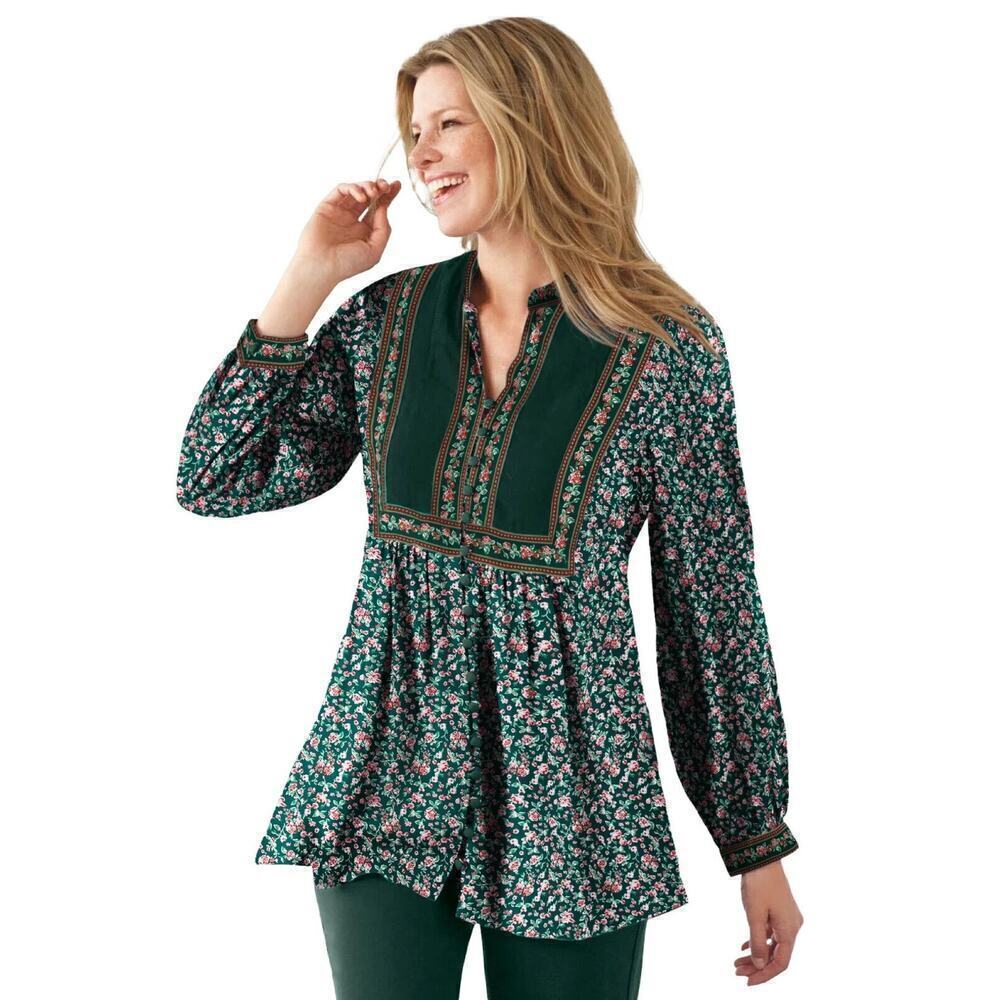 Woman Within Button Front Mixed Print Tunic Plus Size 1X 22/24 NWT Green Floral